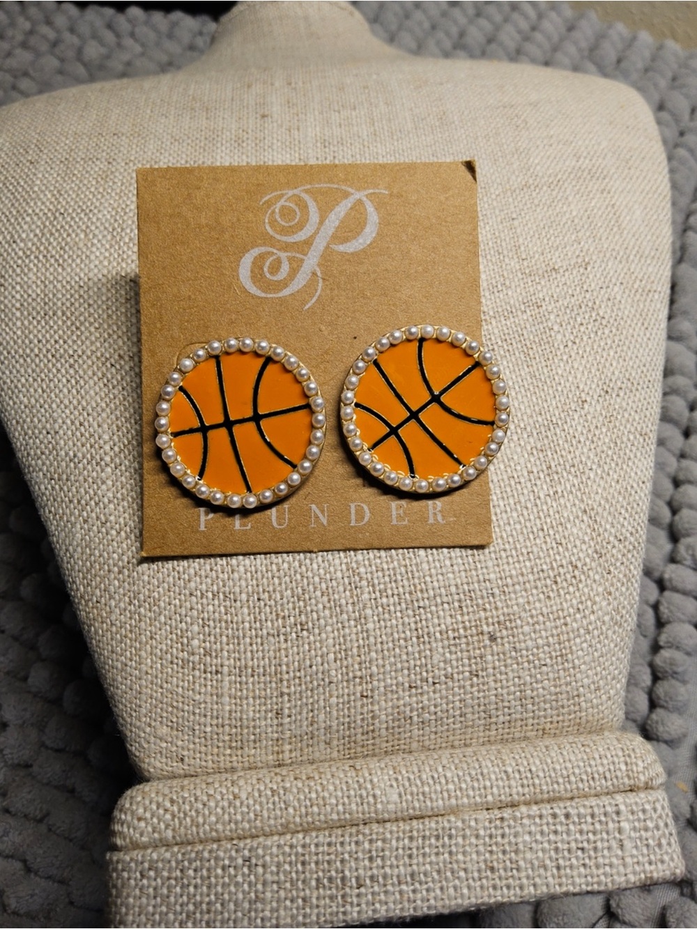 Basketball Stud Earrings with Faux Pearl Trim in Orange